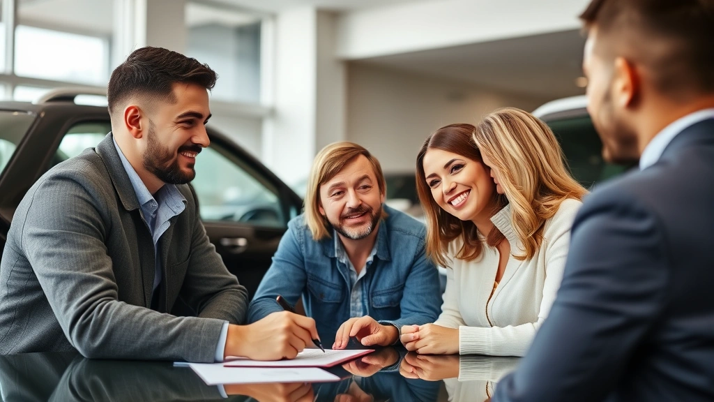 sales tax vehicle illinois - 
Diverse couple signing vehicle purchase agreement at dealership with salesman, 
