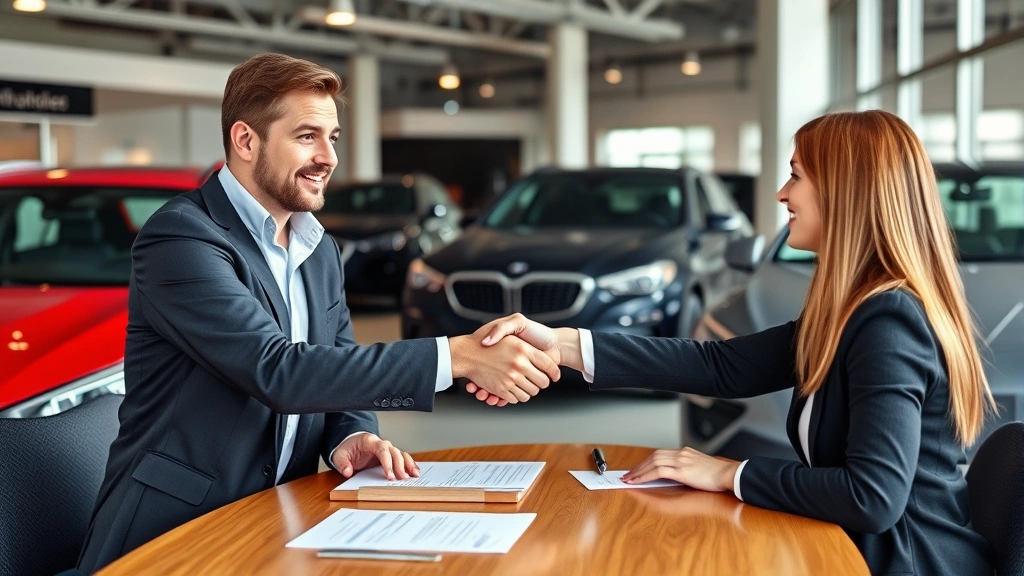 salt lake city sales tax - 
Handshake between sales representative and customer in car dealership showroom 