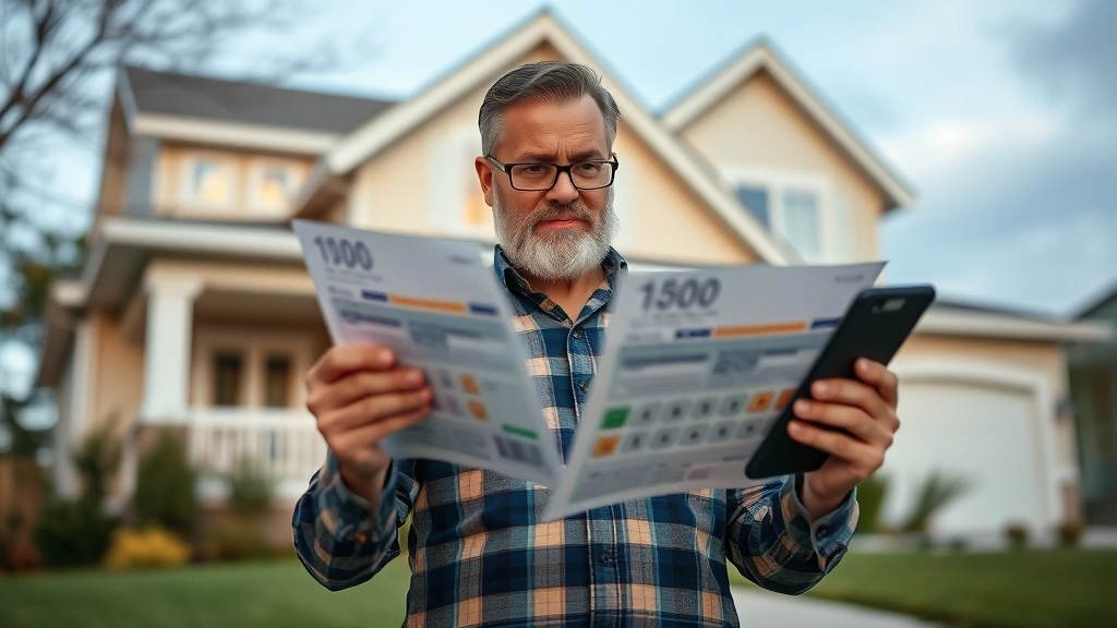 sangamon county il property tax -
Homeowner holding property tax bill looking concerned standing in front of subu
