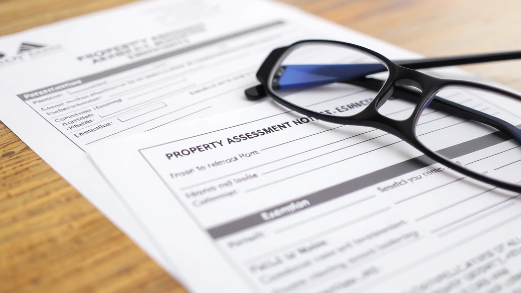 sangamon county il property tax -
Close-up of property assessment notice and exemption forms spread on wooden tab