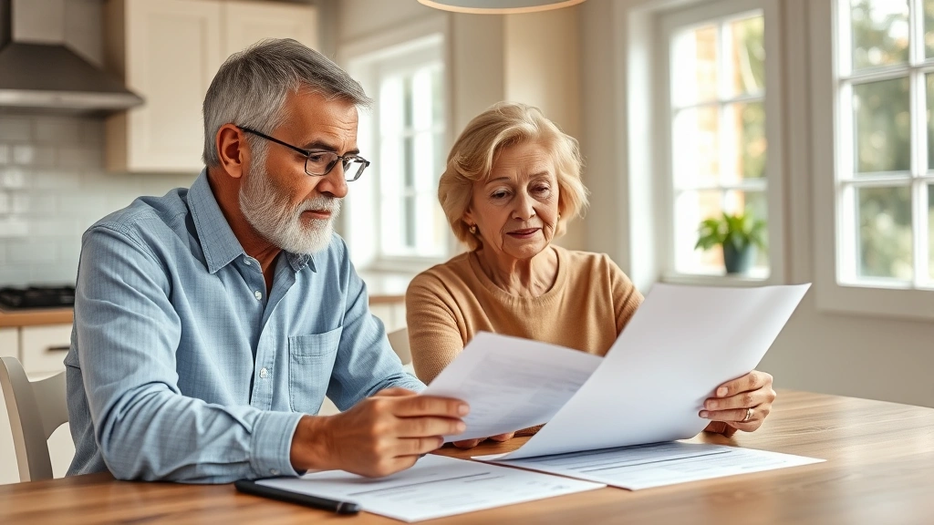 sangamon county real estate taxes - 
Senior couple reviewing financial paperwork together at kitchen table with natu