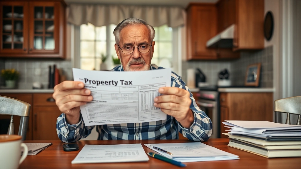 sangamon property tax - 
Homeowner holding property tax bill with concerned expression, sitting at kitch