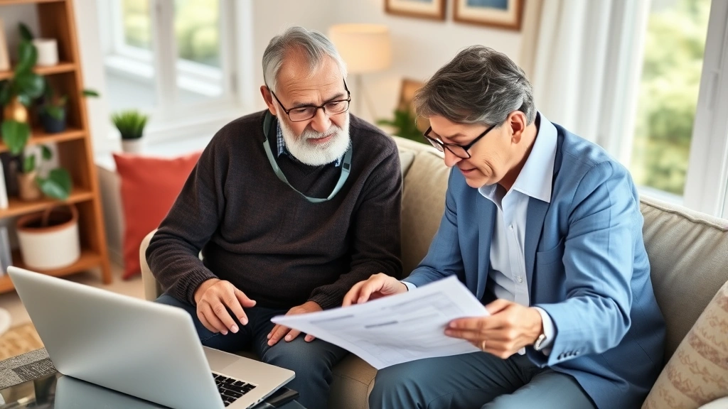 sangamon property tax - 
Senior homeowner reviewing property tax documents with financial advisor in com