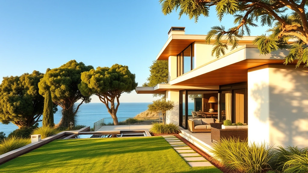 santa barbara county property tax - 
Modern Santa Barbara coastal home exterior with ocean view in afternoon sunligh