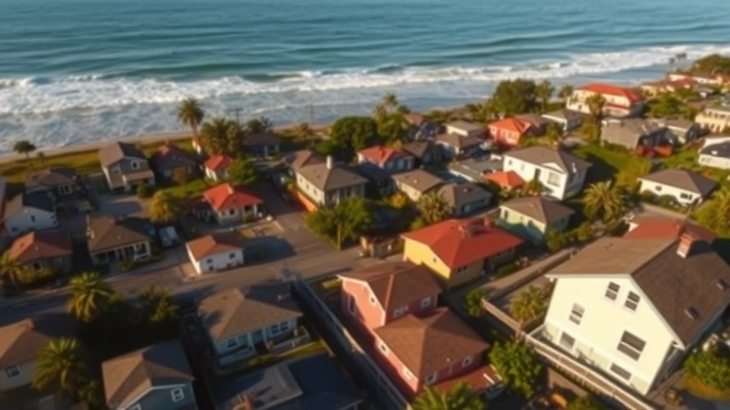 santa cruz property tax - 
Aerial view of Santa Cruz coastal neighborhood with colorful homes and ocean in