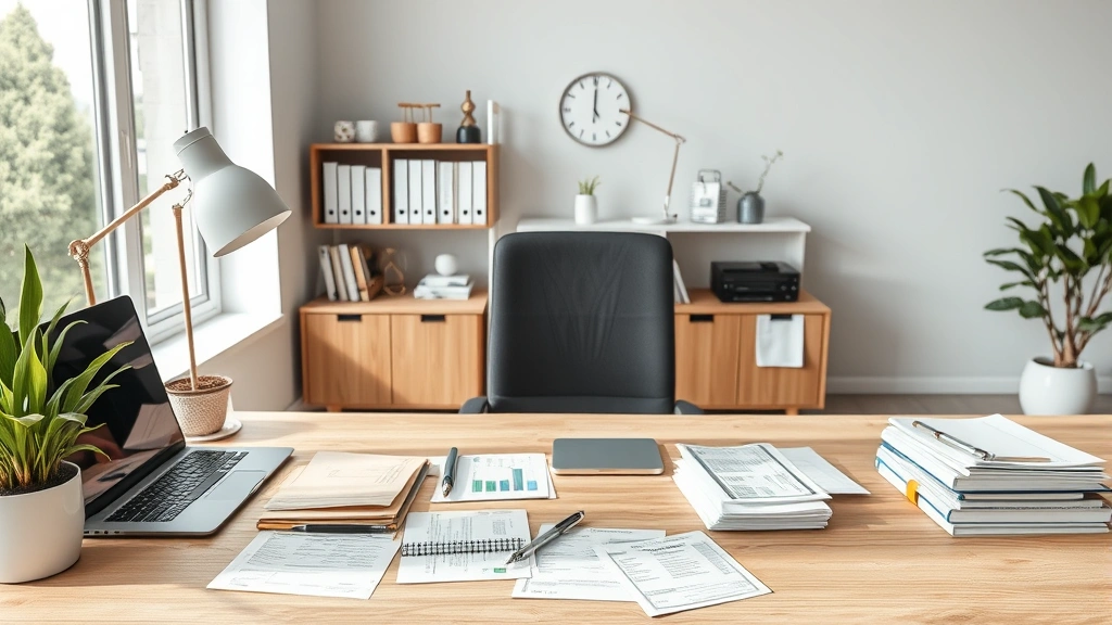 schedule d tax worksheet - 
modern home office setup with financial documents nearby
