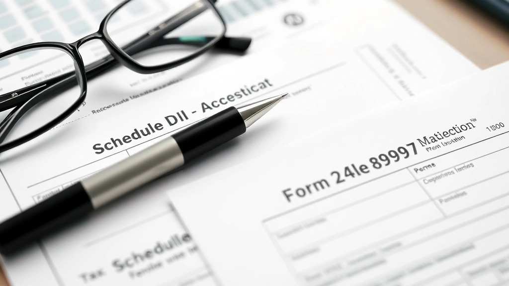 schedule d tax worksheet - 
Close-up of tax forms including Schedule D and Form 8949 spread on a desk with 