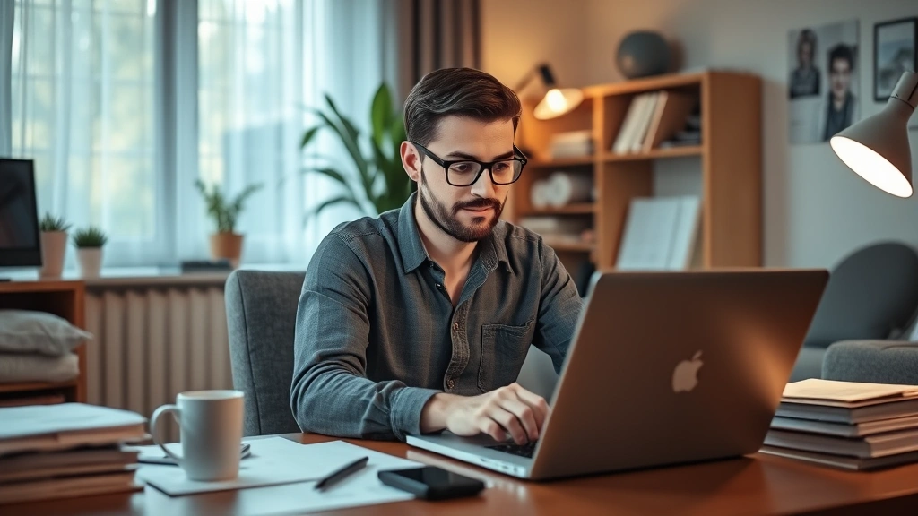 schedule se tax form - 
Freelancer working on laptop in home office with business expense receipts and 