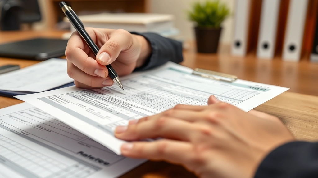 schedule se tax form - 
Close-up of hands holding completed tax forms with pen, professional office env