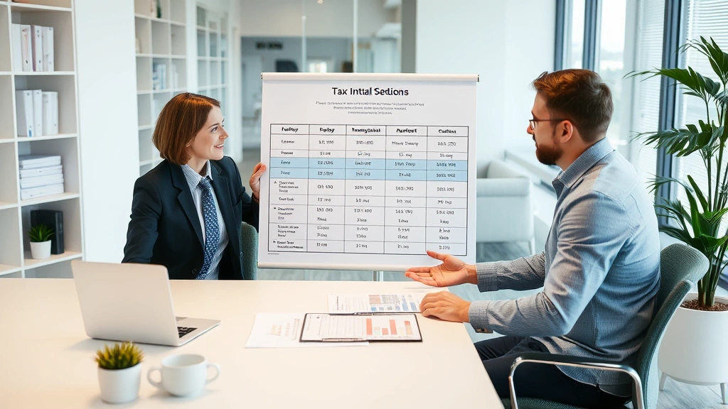 scottsdale az sales tax - 
Financial advisor explaining tax breakdown chart to client in professional offi