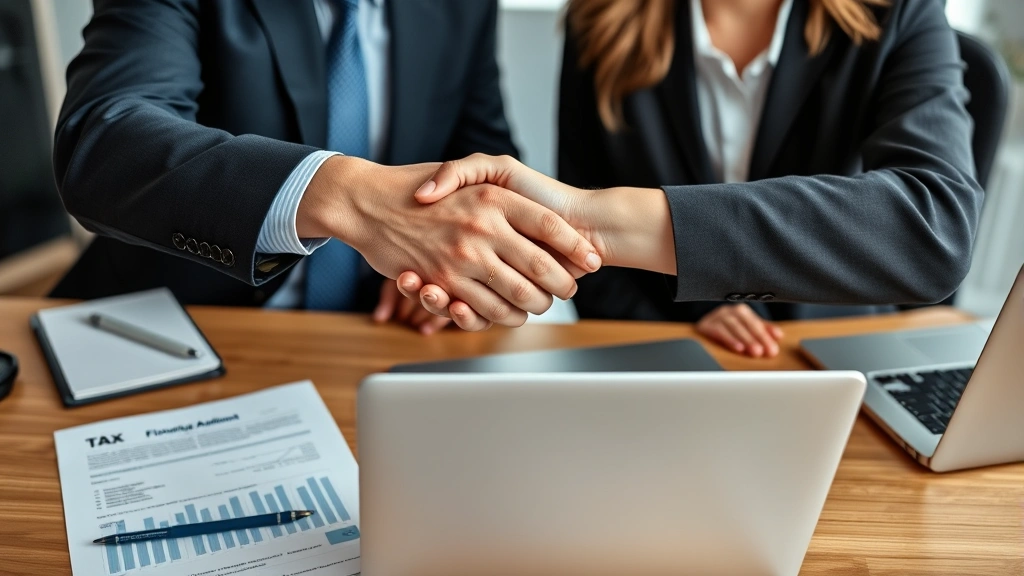 section 899 foreign tax - 
Financial advisor and client shaking hands across desk with tax forms and lapto