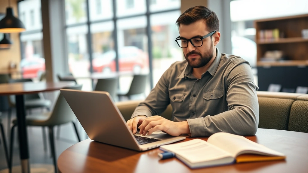 self employment tax credit - 
Self-employed contractor working from coffee shop on laptop with notebook and t