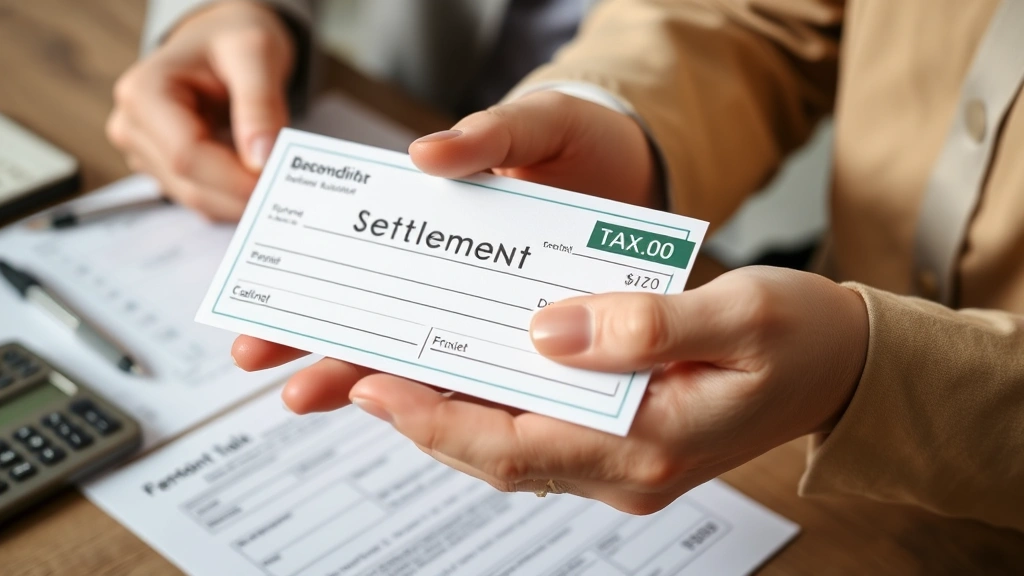 settlement tax calculator - 
Close-up of hands holding settlement check with tax forms and calculator in bac