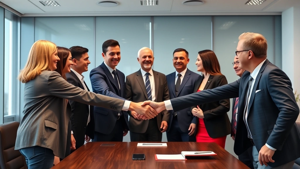 settlement tax calculator - 
Diverse group in conference room shaking hands after settlement agreement, prof