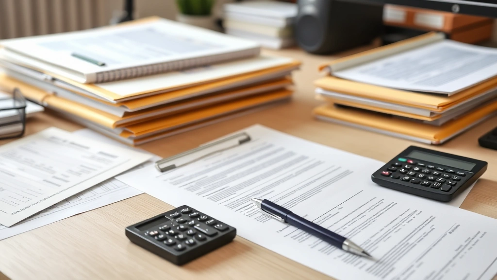 settlement tax calculator - 
Organized file folders and documents spread across desk with calculator and pen