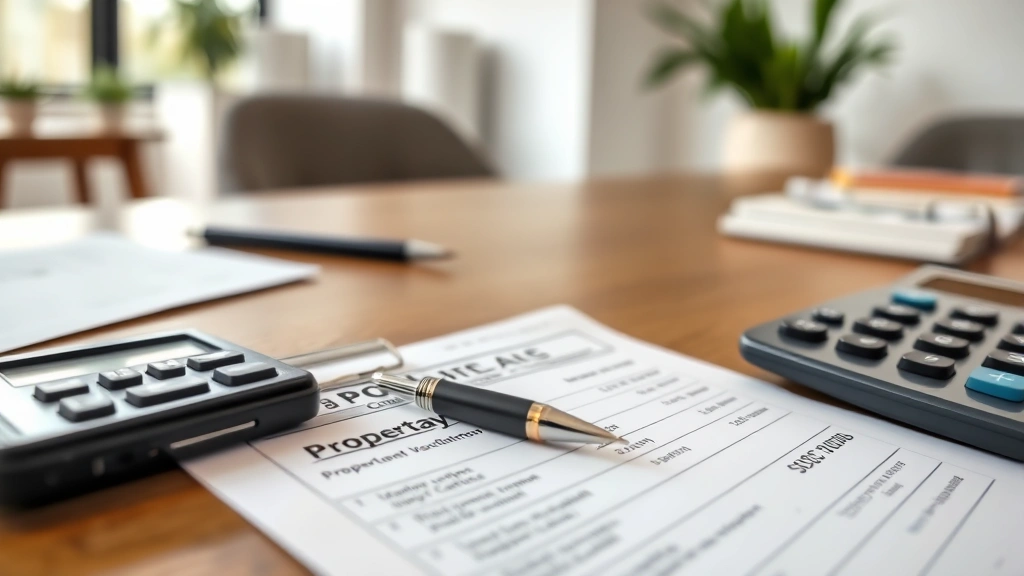 sftreasurer.org property tax - 
Close-up of property tax bill with pen and calculator on wooden desk in modern 