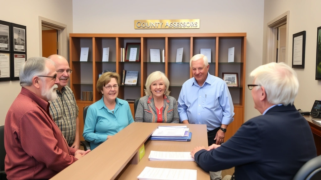 st johns county property tax - 
Diverse group of seniors in a county assessor’s office speaking with a fr