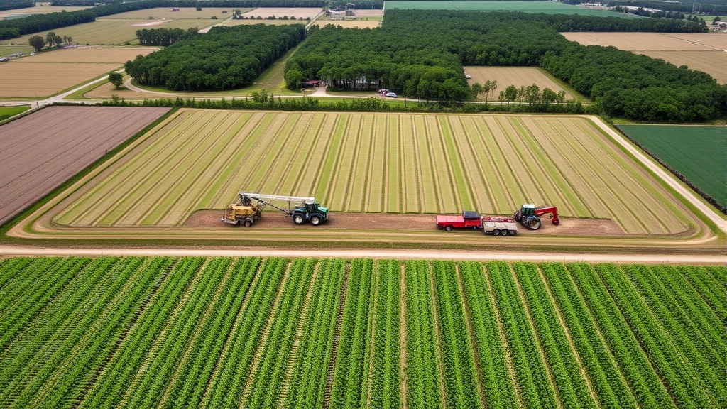 st johns county property tax - 
Aerial view of agricultural farmland with rows of crops and farm equipment in r