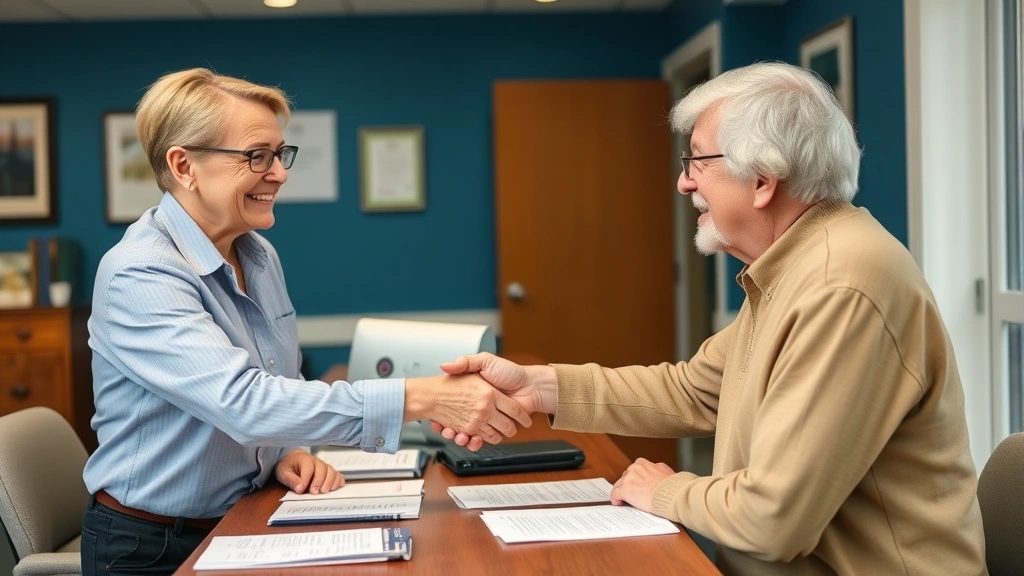 st louis county senior tax freeze - 
Handshake between county assessor representative and senior homeowner at desk w