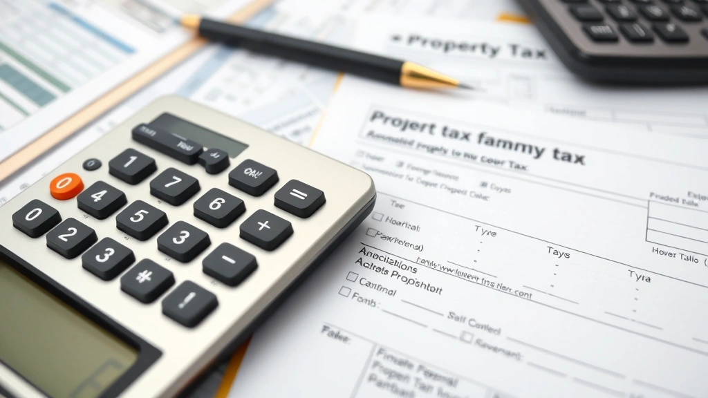 st louis real estate tax - 
Close-up of calculator, pen, and property tax forms spread across organized des