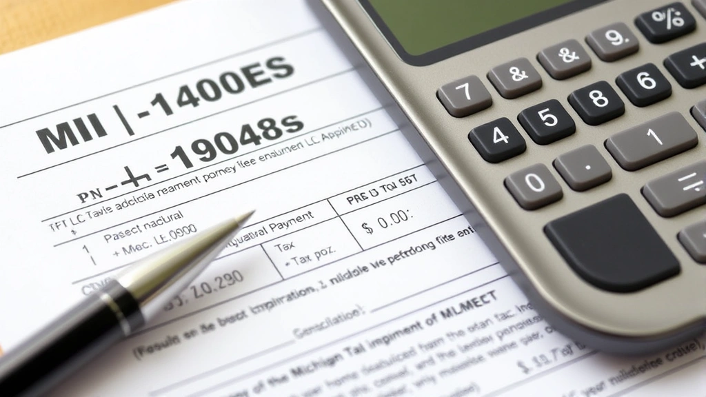 state of michigan estimated tax payments - 
Close-up of completed Michigan tax form MI-1040ES with pen, calculator showing 