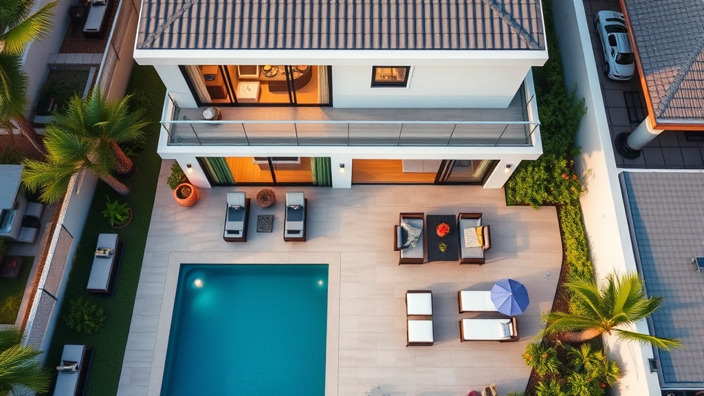 str tax loophole -
Aerial view of a modern furnished short-term rental vacation home with pool and