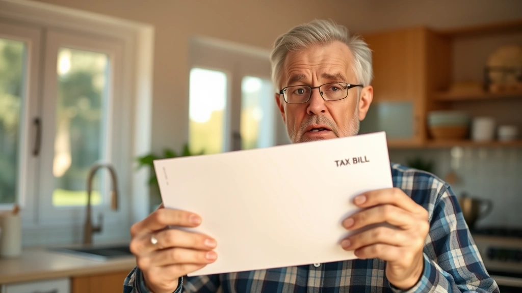 supplemental tax bill - 
Homeowner holding official tax bill envelope with concerned expression, kitchen