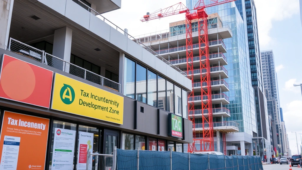 tax abatement definition - 
Modern commercial building under construction with tax incentive signage, urban