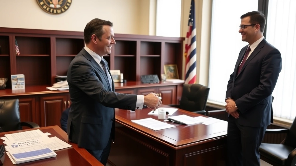 tax abatement definition - 
Handshake between business executive and city official in government office wit