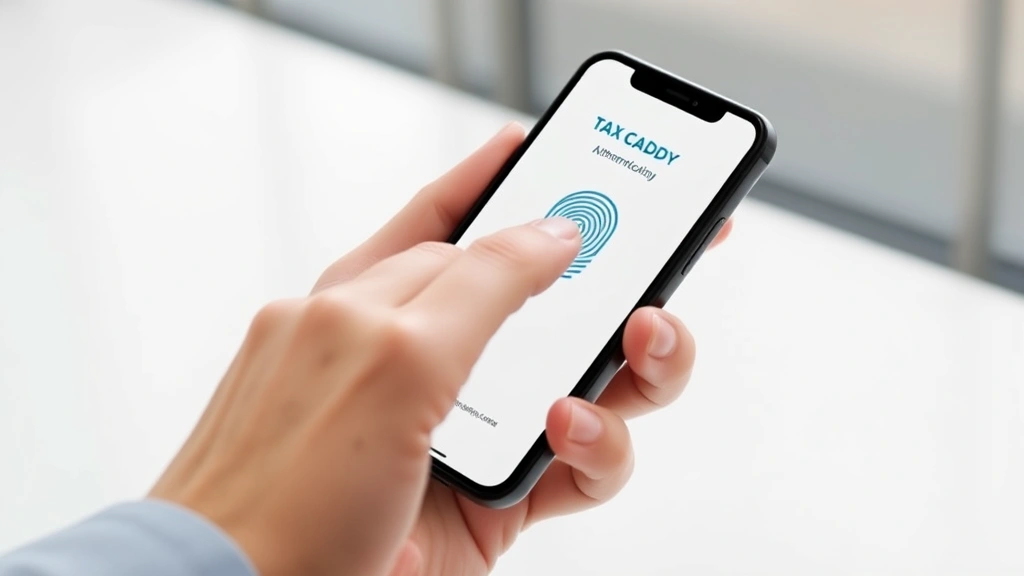tax caddy login - 
Mobile phone displaying Tax Caddy app interface with biometric fingerprint auth