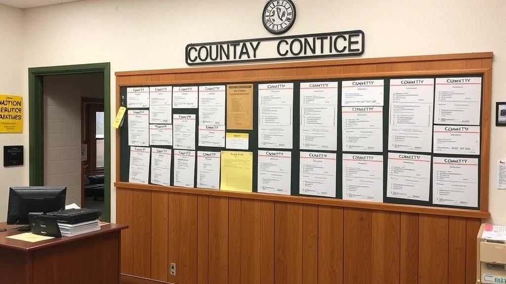 tax certificates - 
County tax collector office interior with auction board displaying available ta