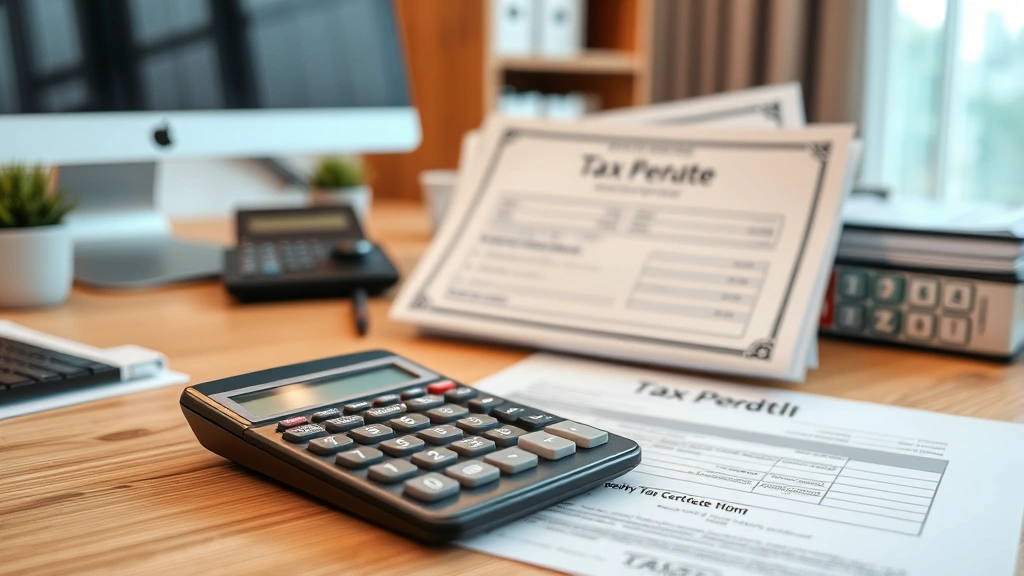 tax certificates - 
Modern office setting with calculator, property deeds, and tax certificate pape