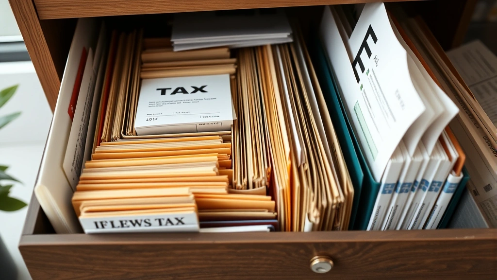 tax clipart - 
Detailed shot of organized filing system with tax folders, receipts, and financ