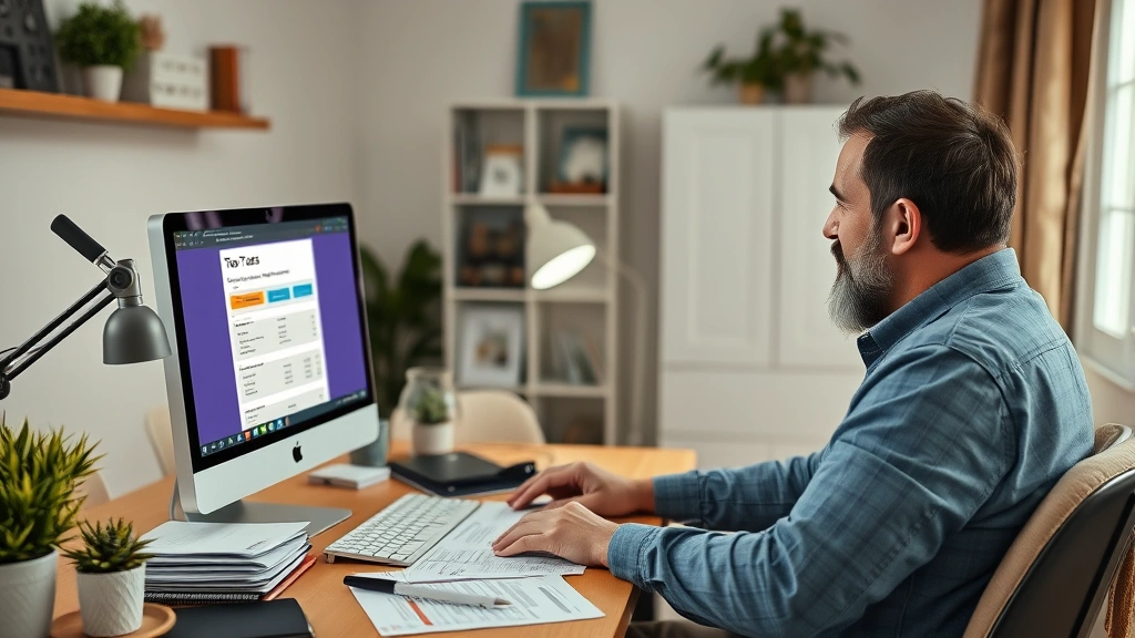 tax collector city of bridgeport -
Diverse homeowner sitting at computer using online tax payment portal on home o