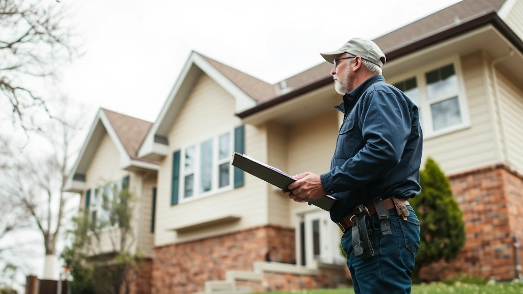 tax deed states - 
Property inspector with clipboard examining exterior of residential home, check