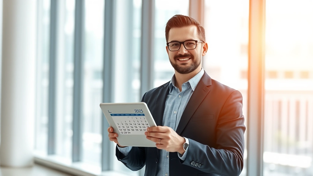 tax free week maryland 2025 - 
Professional man in business casual attire holding tablet showing calendar with