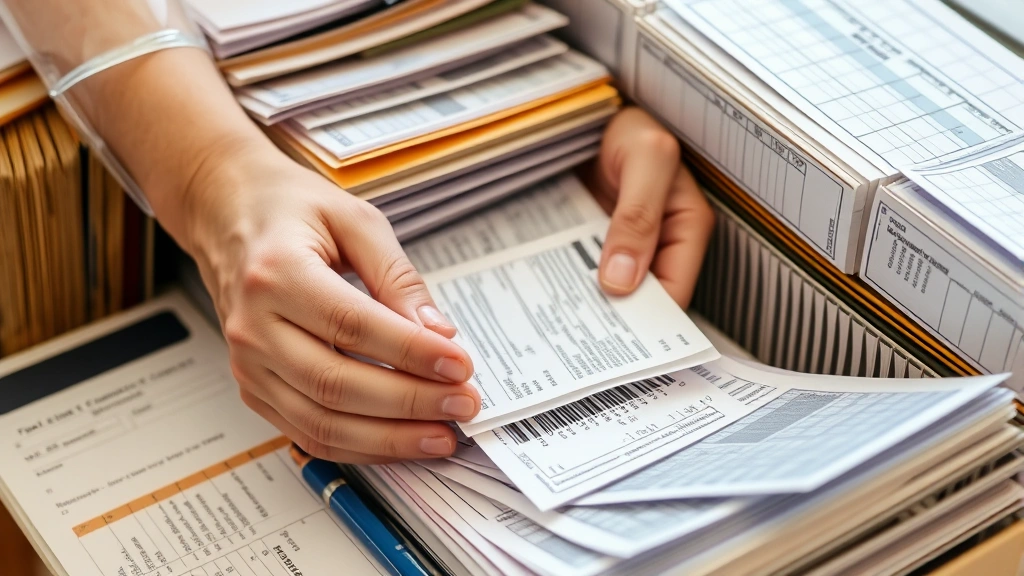 tax in spanish -
Close-up of hands organizing receipts and financial records in filing system, o
