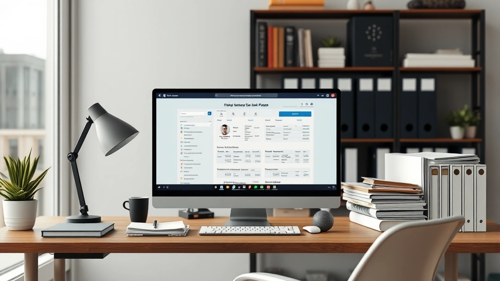 tax in spanish -
Modern home office setup with computer showing tax software, Spanish language d