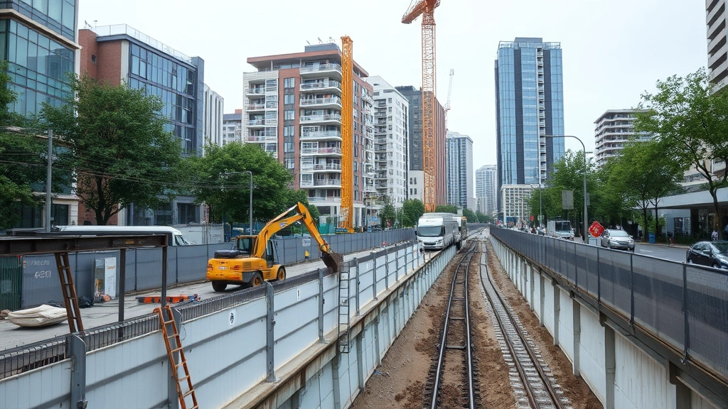 tax increment reinvestment zone - 
Urban development scene showing construction equipment and infrastructure impro