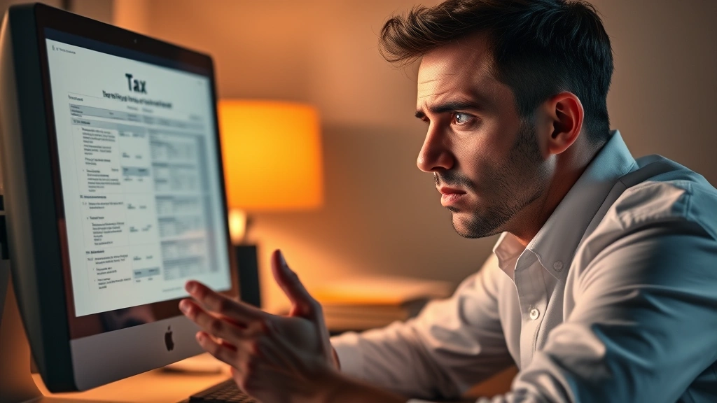 tax meme - 
Frustrated person staring at computer screen showing tax forms, head in hands, 