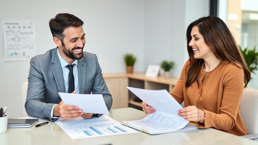 tax ok gov oktap - 
Financial advisor explaining tax documents to client across desk, both smiling,
