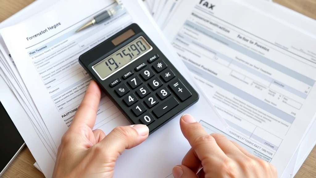 tax provision - 
Close-up of hands holding tax forms and documents with calculator showing numbe
