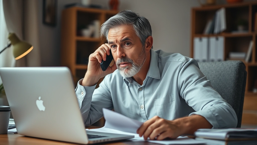 tax resolution center calls - 
Middle-aged man looking concerned while on phone call, sitting at home desk wit