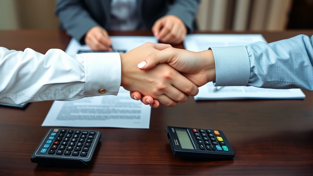 tax resolution center calls - 
Handshake between professional tax advisor and client across desk with document