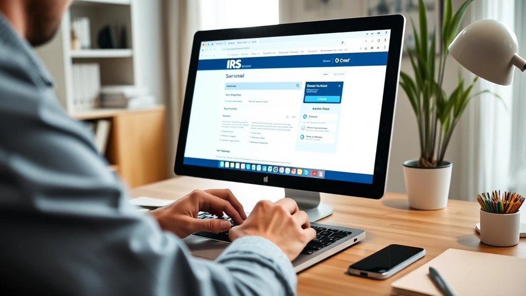 tax return transcript sample - 
Person using laptop to access IRS online portal on bright computer screen in ho