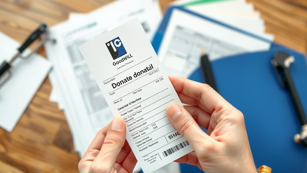 tax write off for donations to goodwill -
Close-up of hands holding receipt from Goodwill donation with organized folder