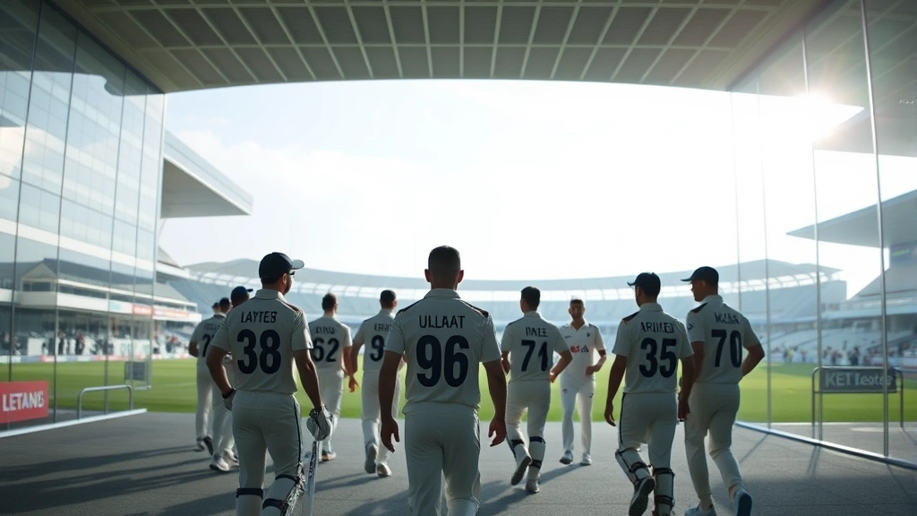 taxa cricket -
Cricket players in team uniforms walking through modern stadium with financial