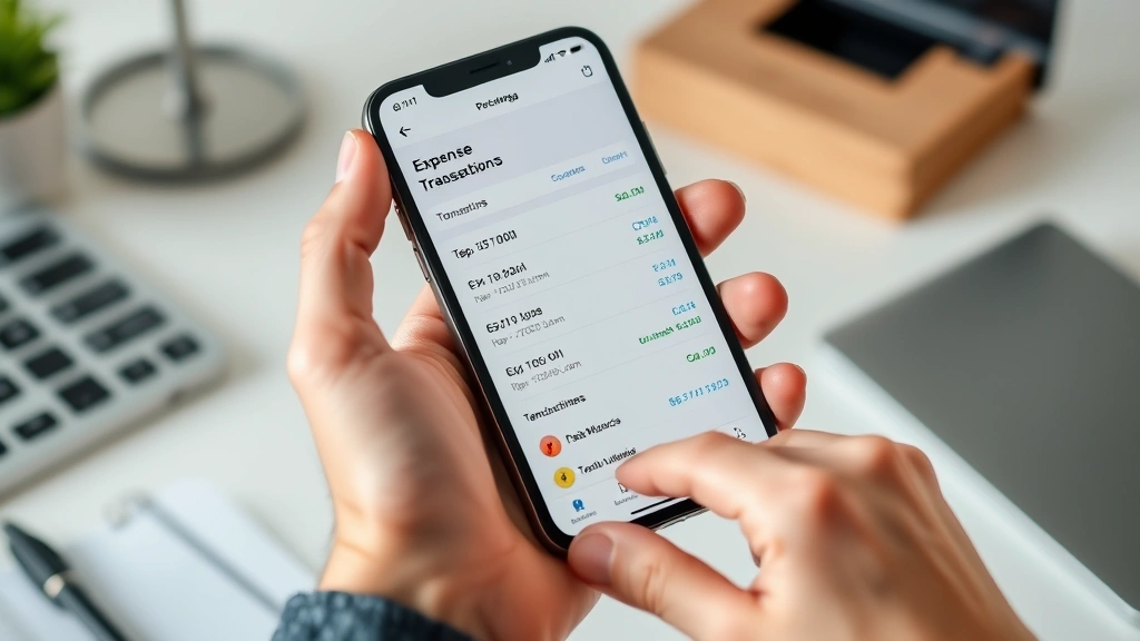 taxair tracking - 
Close-up of hands holding a smartphone with expense tracking app open, showing 