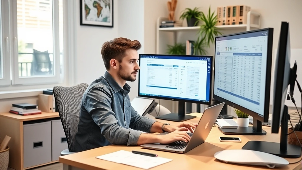 taxair tracking - 
Young entrepreneur working at a home office desk with multiple monitors display