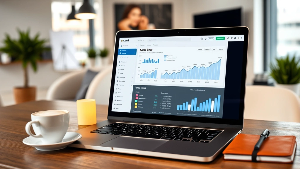 taxair tracking - 
Modern office workspace with laptop showing cloud-based tax software dashboard,